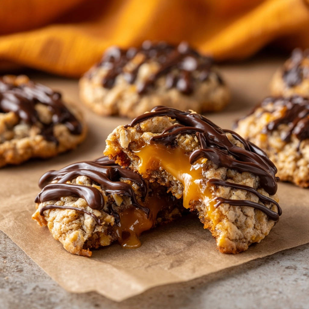 Saftige Karamell-Haferflocken-Cookies mit flüssigem Kern, angeschnitten und mit Schokolade beträufelt