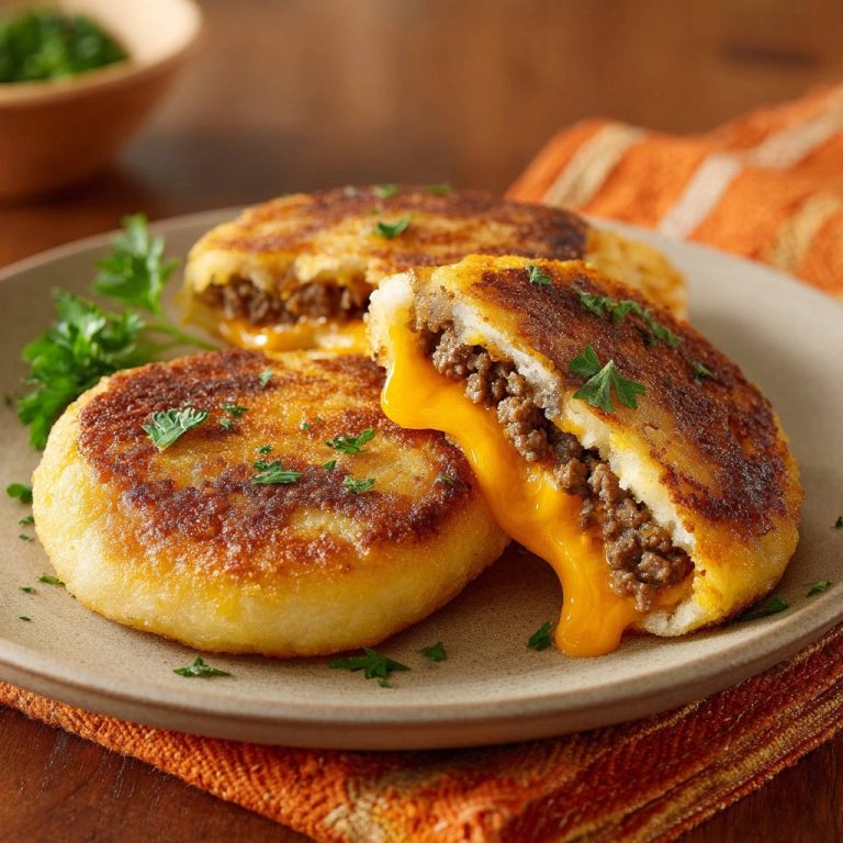 Goldbraune Kartoffel-Patties mit Hackfleisch-Käse-Füllung, angeschnitten mit geschmolzenem Käse im Inneren.