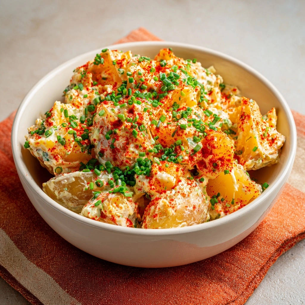 Mein cremig-frischer Kartoffelsalat, garniert mit Paprikapulver und frischem Schnittlauch, in einer Schüssel serviert.