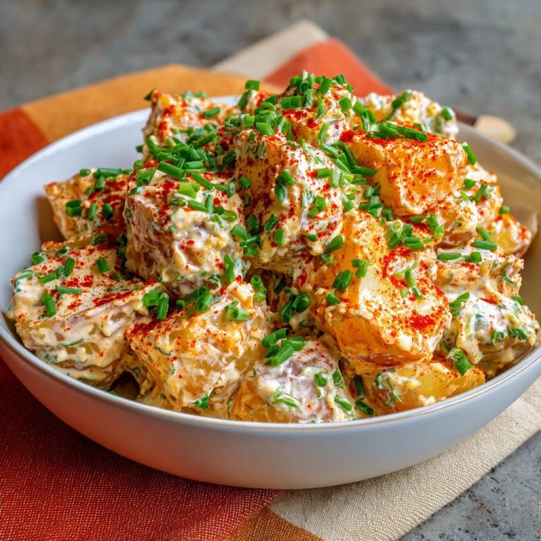 Mein cremig-frischer Kartoffelsalat, großzügig garniert mit frischem Schnittlauch und Paprikapulver, in einer Schüssel serviert.