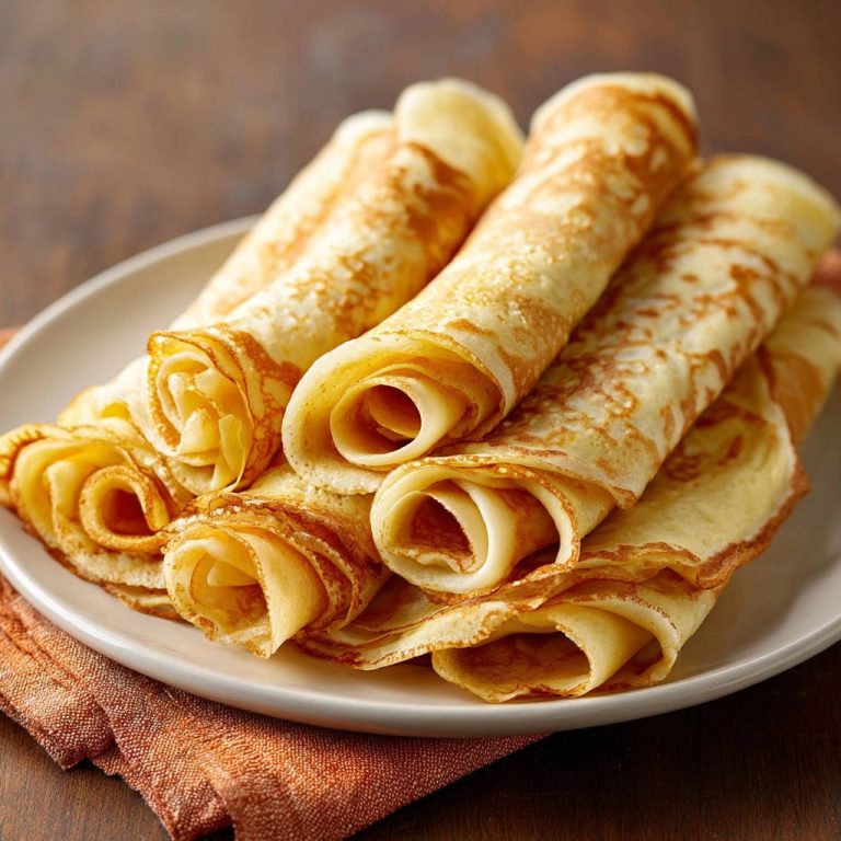 Klassische süße Crêpes hauchzart und reißfest, gestapelt auf einem weißen Teller mit einer orangenen Serviette daneben.