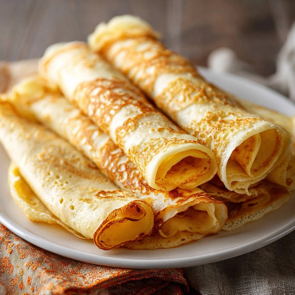 Klassische süße Crêpes, hauchzart und reißfest, gestapelt und gerollt auf einem weißen Teller serviert.