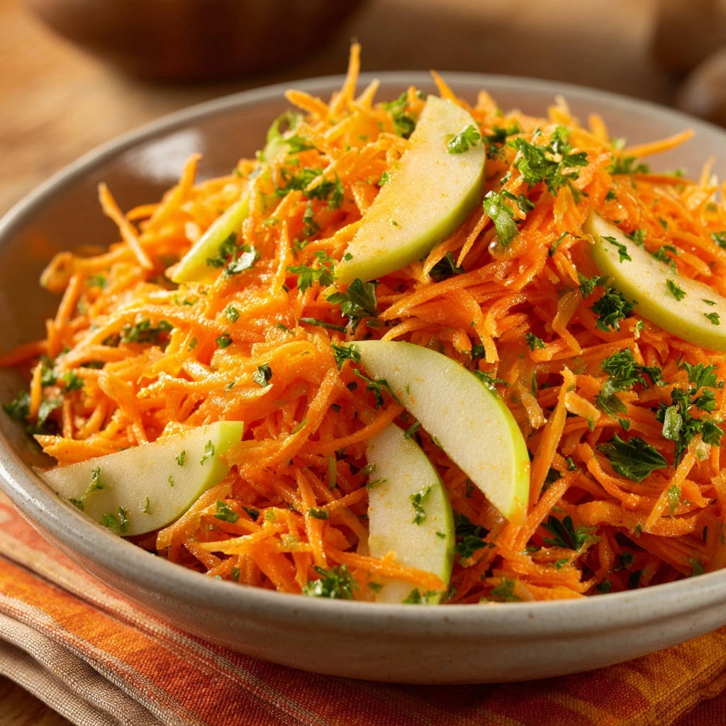 Knackiger Karotten-Apfel-Salat, garniert mit Apfelscheiben und frischer Petersilie, mit Nahaufnahme der Textur.