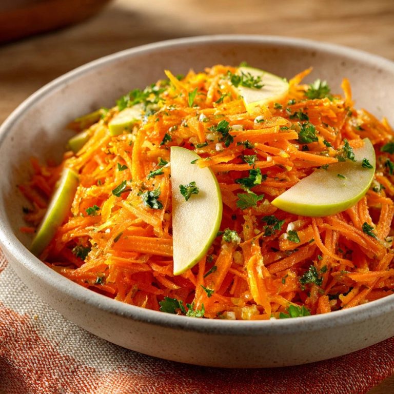 Knackiger Karotten-Apfel-Salat mit Apfelscheiben und Petersilie garniert, in einer Schüssel serviert.