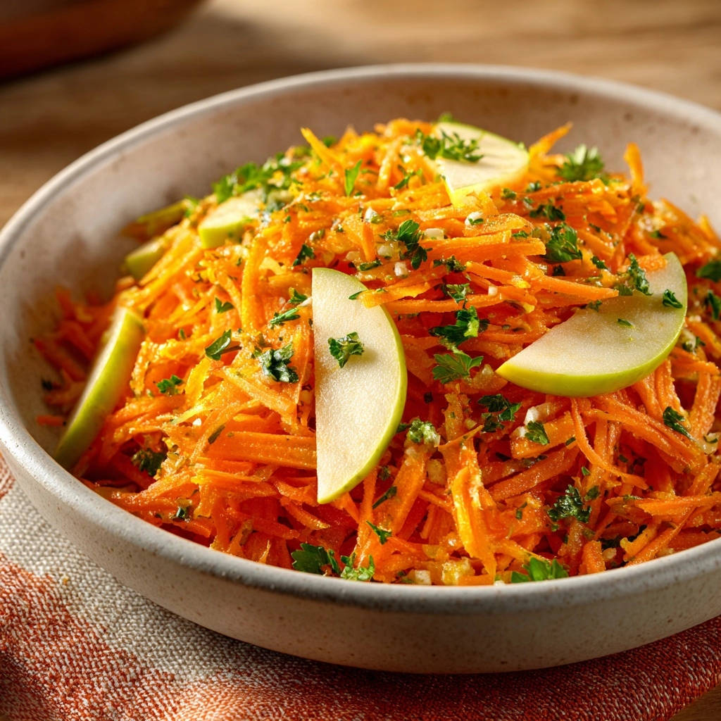 Knackiger Karotten-Apfel-Salat mit Apfelscheiben und Petersilie garniert, in einer Schüssel serviert.