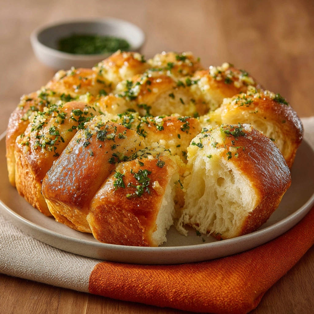 Himmlisches Knoblauch-Zupfbrot, angeschnitten und zeigt das fluffige Innere mit gehackter Petersilie bestreut.