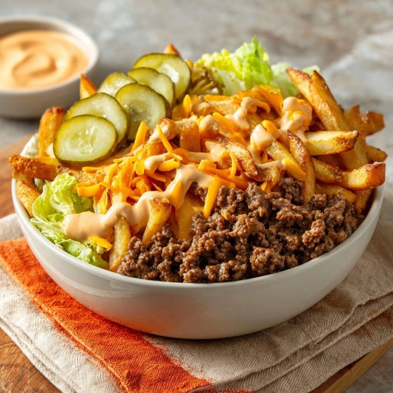 Der Knusper-Burger-Bowl, serviert in einer Schüssel mit Hackfleisch, Pommes, Käse und Gurkenscheiben, garniert mit Sauce.