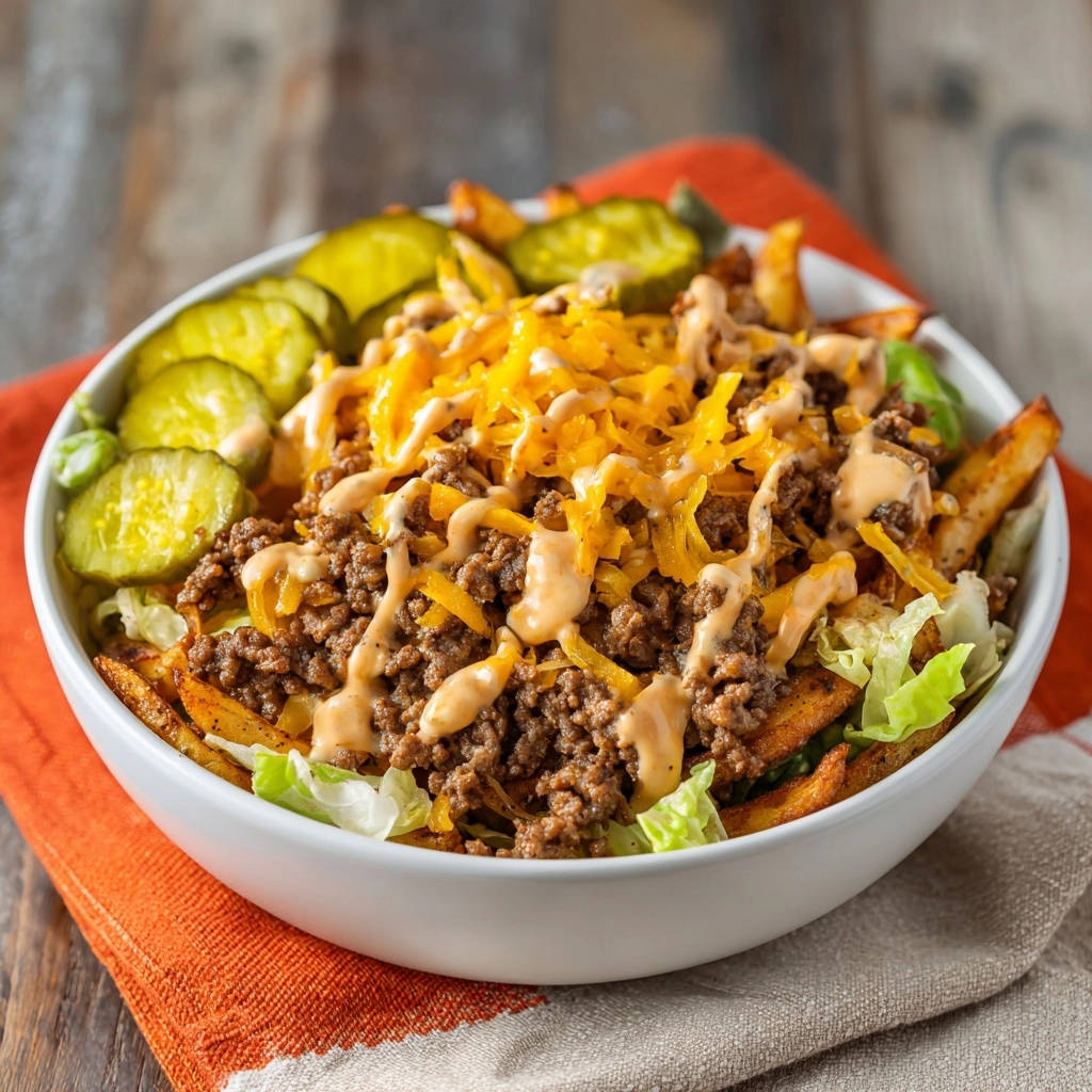 Der Knusper-Burger-Bowl mit Hackfleisch, Pommes, Käse, Sauce und Essiggurken als Nahaufnahme.