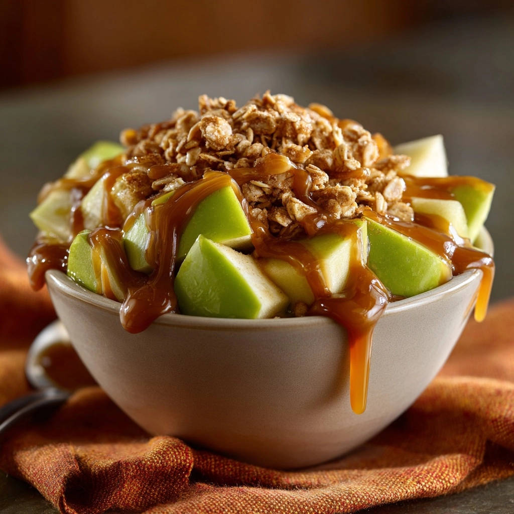 Knusprige Apfel-Karamell-Bowl, mit reichlich glänzender Karamellglasur über geschnittenen Äpfeln und Müsli garniert.