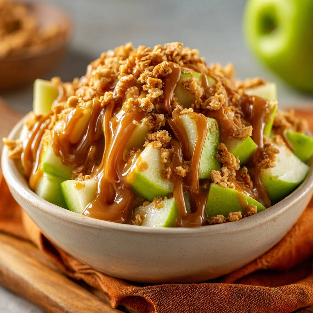 Knusprige Apfel-Karamell-Bowl mit Karamell-Guss und Streuseln, Nahaufnahme der Texturen und Zutaten.
