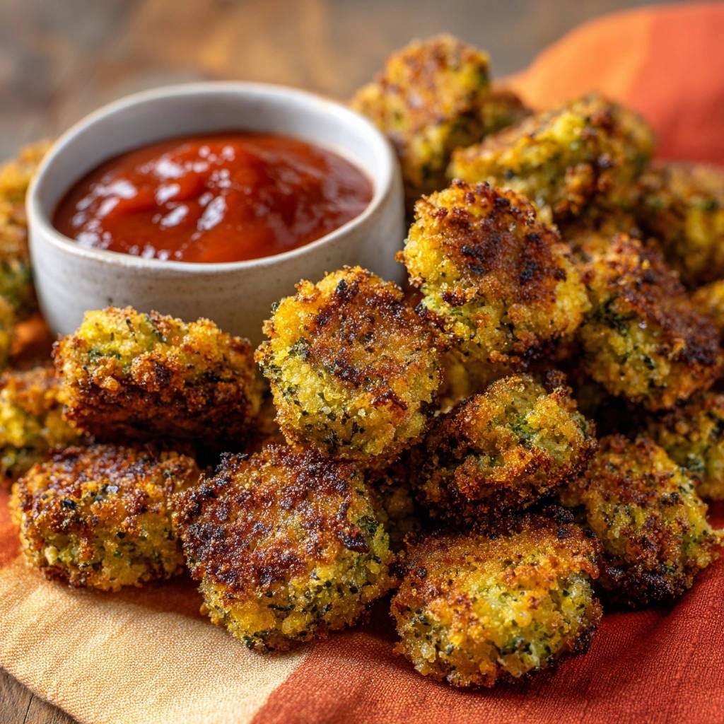Knusprige Brokkoli-Quinoa-Nuggets mit Ketchup-Dip, im Fokus die goldbraune, texturierte Kruste und das Innere.