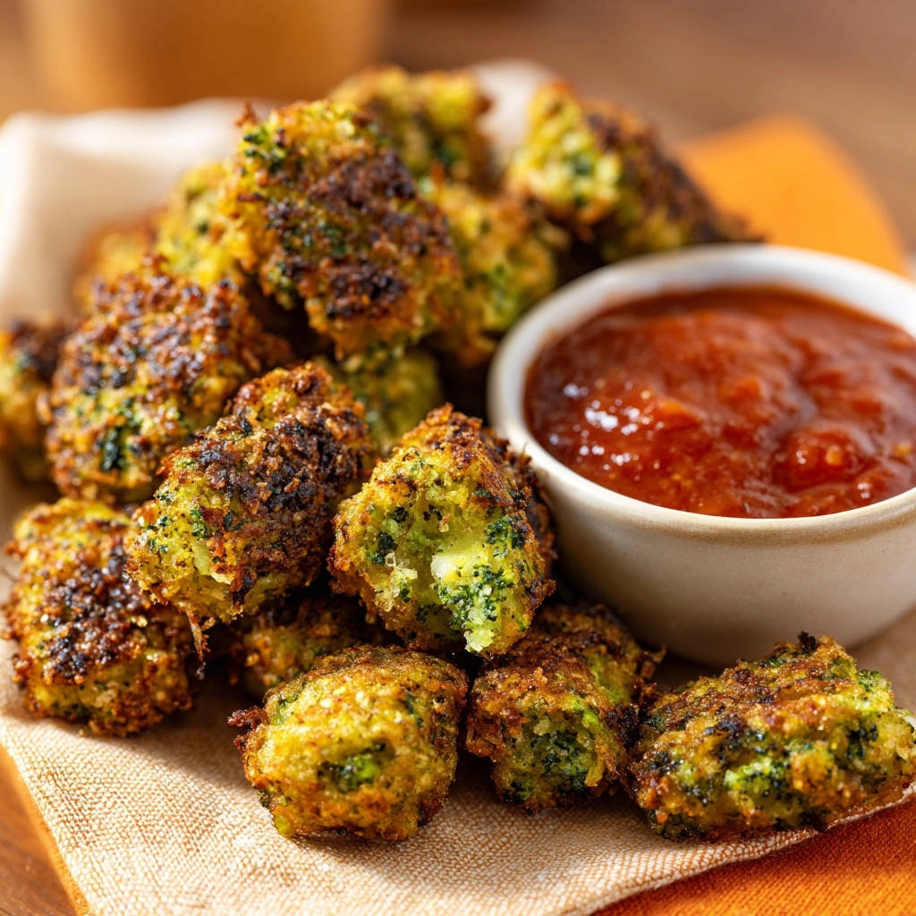Knusprige Brokkoli-Quinoa-Nuggets als Nahaufnahme mit einem Dip aus Tomatensoße daneben, appetitlich angerichtet.