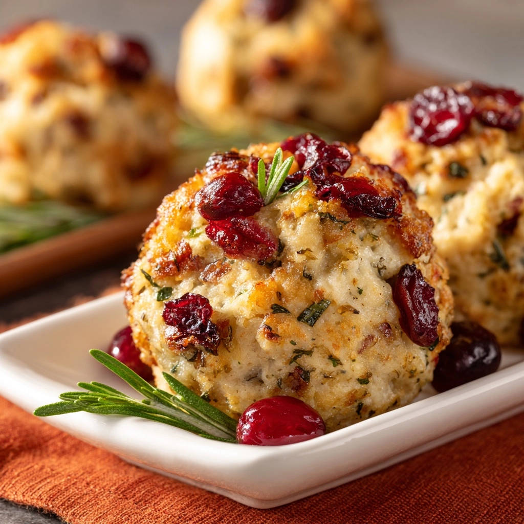 Knusprige Cranberry-Kräuter-Füllbällchen, nahaufnahme auf einem Teller mit frischen Cranberries und Rosmarin garniert