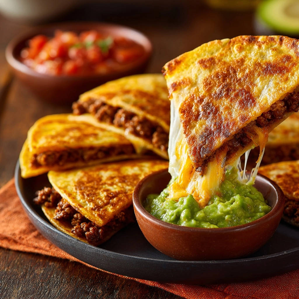 Knusprige Hackfleisch-Käse-Quesadillas werden mit geschmolzenem Käse in Guacamole getunkt.
