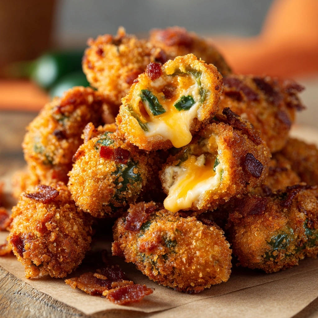 Knusprige Jalapeño Käse Bällchen, angeschnitten, zeigen den geschmolzenen Käse und die grüne Füllung im Inneren.