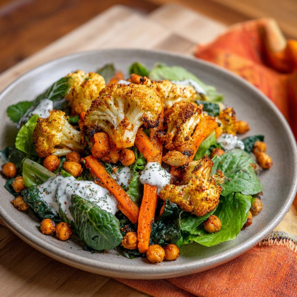 Knusprige Ofengemüse-Buddha Bowl mit Kichererbsen, serviert in einer Schüssel mit cremiger Sauce und frischem Grün.