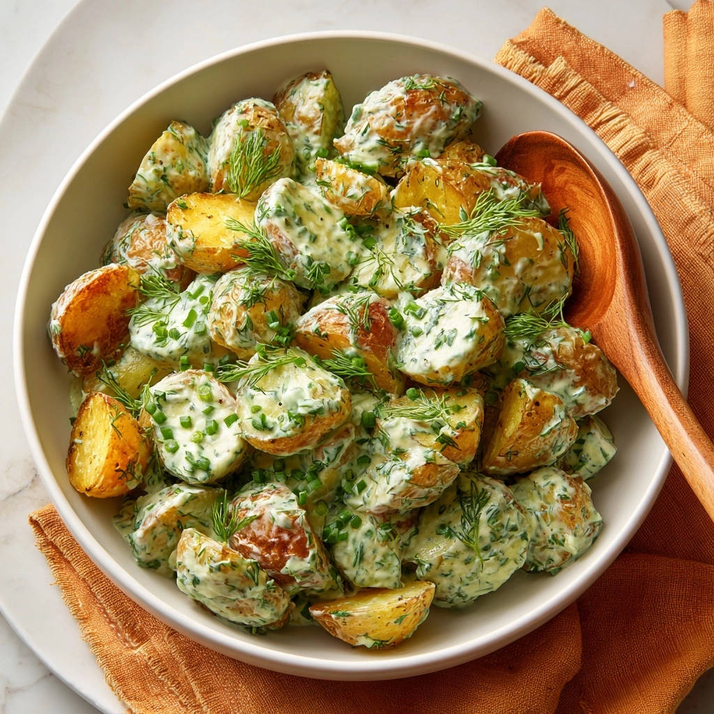 Knusprige Ofenkartoffeln mit cremiger Kräuter-Dill-Sauce, Nahaufnahme der Kartoffeln und der frischen Kräuter garniert.
