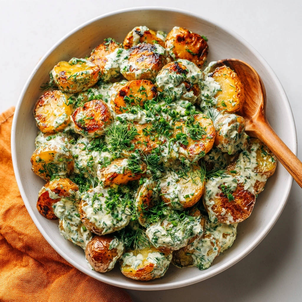 Knusprige Ofenkartoffeln mit cremiger Kräuter-Dill-Sauce in einer Schüssel mit einem Holzkochlöffel, appetitlich garniert.