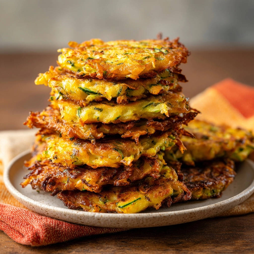 Knusprige Zucchinipuffer als hoher Stapel auf einem Teller, Nahaufnahme der gebräunten Oberfläche und Textur.