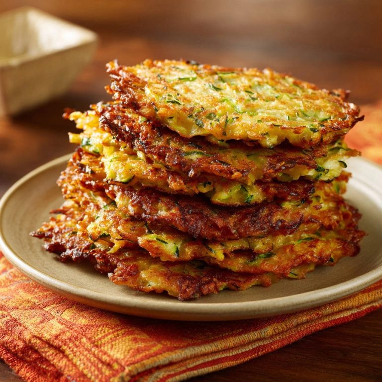 Knusprige Zucchinipuffer als Stapel auf einem Teller, Nahaufnahme der goldbraunen Textur und grünen Zucchinifäden.