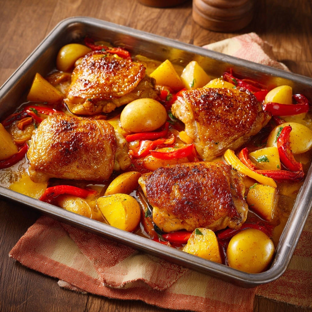 Knuspriges Ofenhähnchen mit Kartoffeln und Paprika, serviert im Bratblech mit goldbraunen Hähnchenschenkeln und Gemüse.