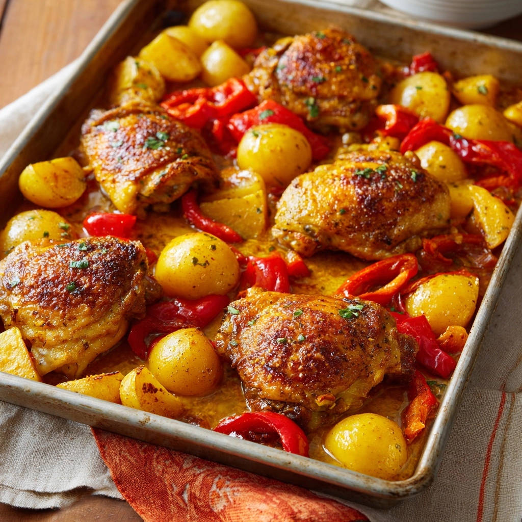 Knuspriges Ofenhähnchen mit Kartoffeln und Paprika, nahaufnahme der goldbraunen Hähnchenschenkel und geröstetem Gemüse in einer Backform.