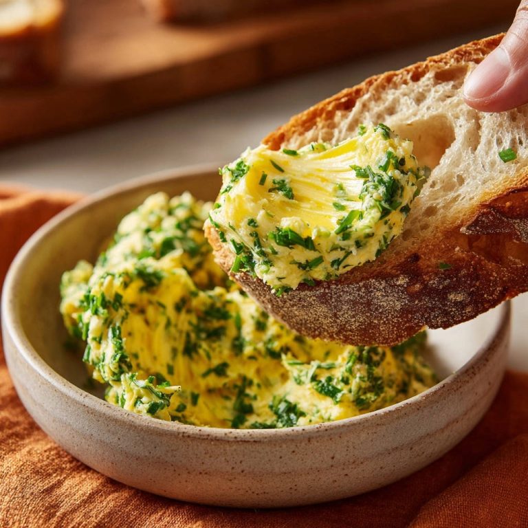 Frische Kräuterbutter vom Feinsten auf einem Brotstück, das in die Schüssel mit Kräuterbutter getaucht wird.