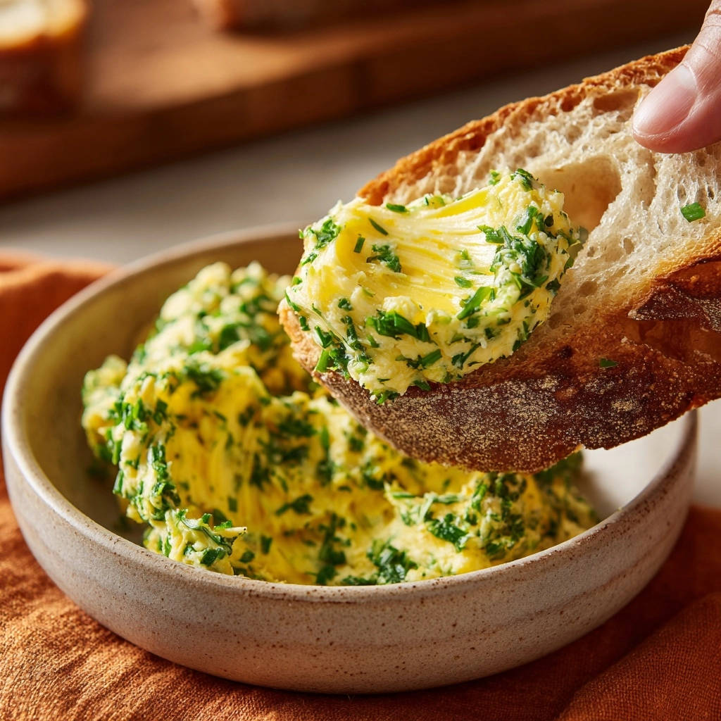 Frische Kräuterbutter vom Feinsten auf einem Brotstück, das in die Schüssel mit Kräuterbutter getaucht wird.