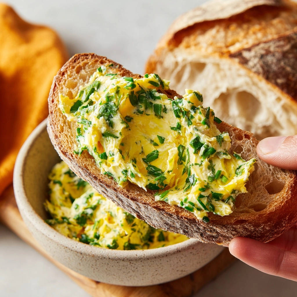 Frische Kräuterbutter vom Feinsten auf einer Brotscheibe, nahaufnahme der cremigen Konsistenz mit Kräutern.