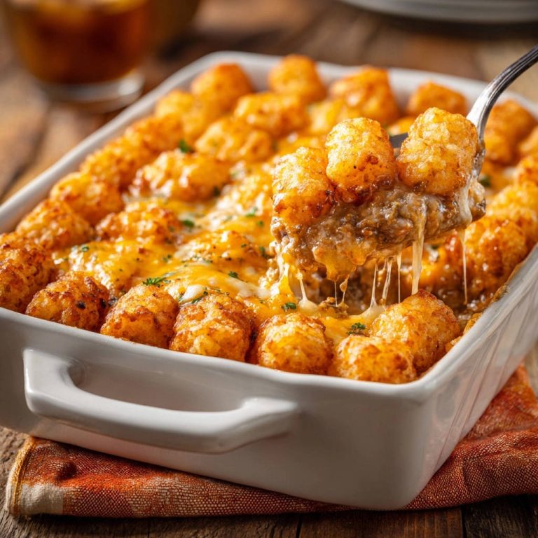 Käse-Hackfleisch-Gratin mit knusprigen Kroketten, das mit einem Löffel aus der Auflaufform gehoben wird und geschmolzenen Käse zeigt.