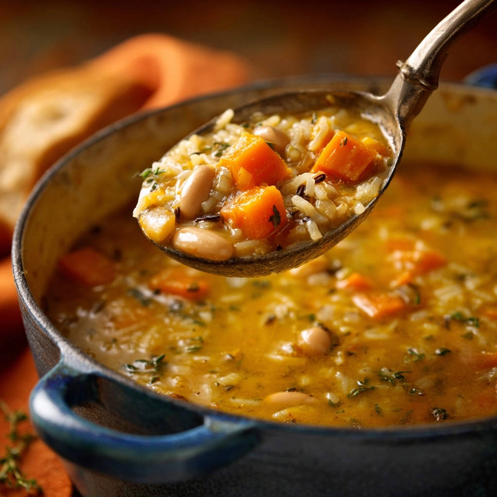 Herbstliche Kürbis-Bohnen-Suppe mit Reis, auf einem Löffel nah aufgenommen, zeigt die einzelnen Zutaten und die Textur.