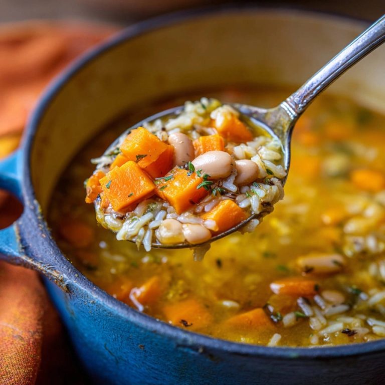 Herbstliche Kürbis-Bohnen-Suppe mit Reis auf einem Löffel, mit sichtbaren Kürbiswürfeln und weißen Bohnen.