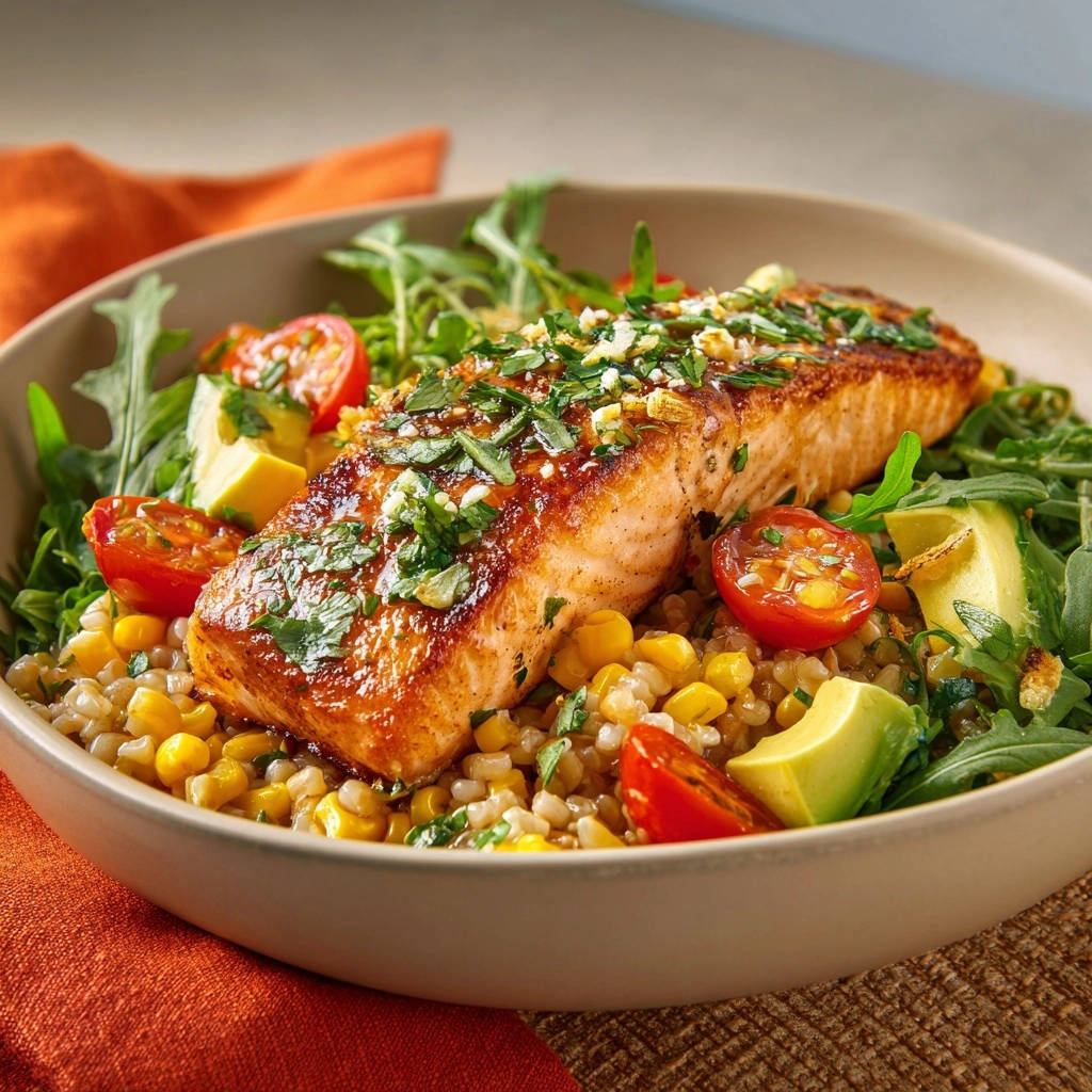 Lachs-Power-Bowl mit Sommergemüse, im Detail mit frischer Kräutergarnitur und knackigen Kirschtomaten.