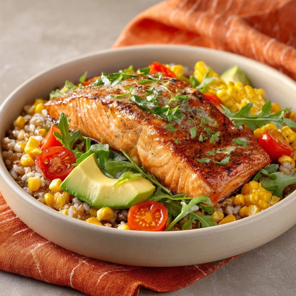 Lachs-Power-Bowl mit Sommergemüse nahaufnahme mit Avocado, Mais und Tomaten in einer Schüssel.