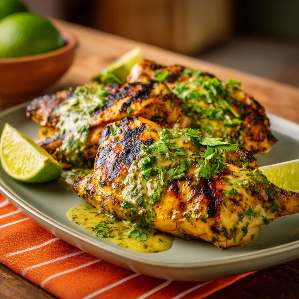 Saftige Limetten-Kräuter-Hähnchenbrust vom Grill mit einer üppigen Kräutersauce und Limettenspalten auf einem Teller.