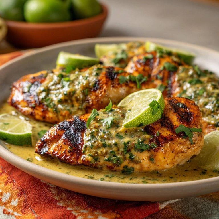 Saftige Limetten-Kräuter-Hähnchenbrust vom Grill, nahaufnahme mit cremiger Sauce und frischer Limette als Garnitur.