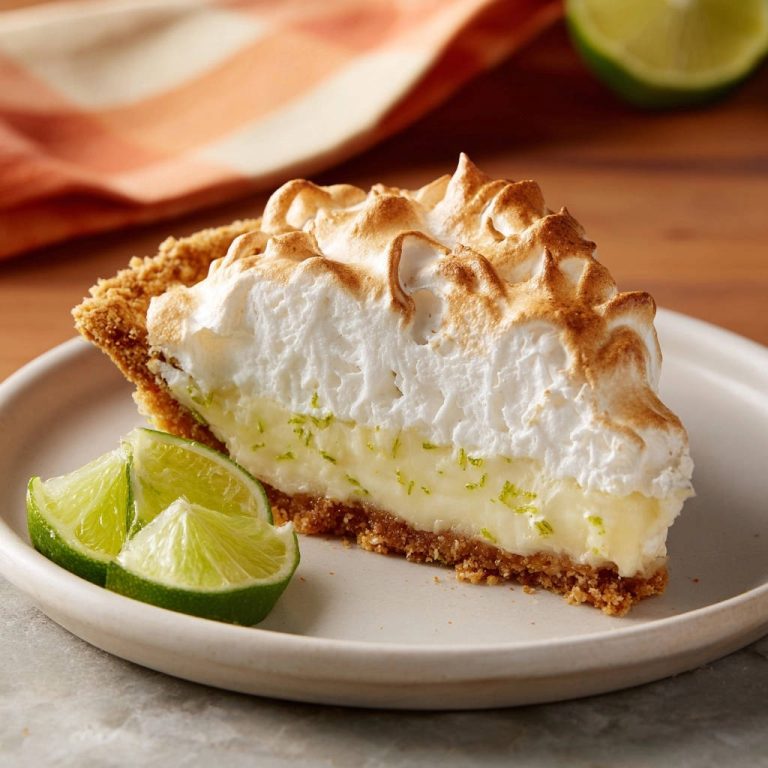 Saftige Limetten-Tarte mit Baiser, angeschnitten mit frischen Limettenspalten auf einem Teller serviert.