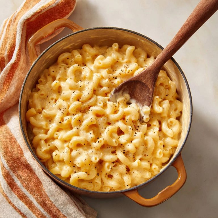 Mac & Cheese, die in einem Topf serviert werden, mit einem Holzlöffel und Pfeffer bestreut, aus der Vogelperspektive gesehen.