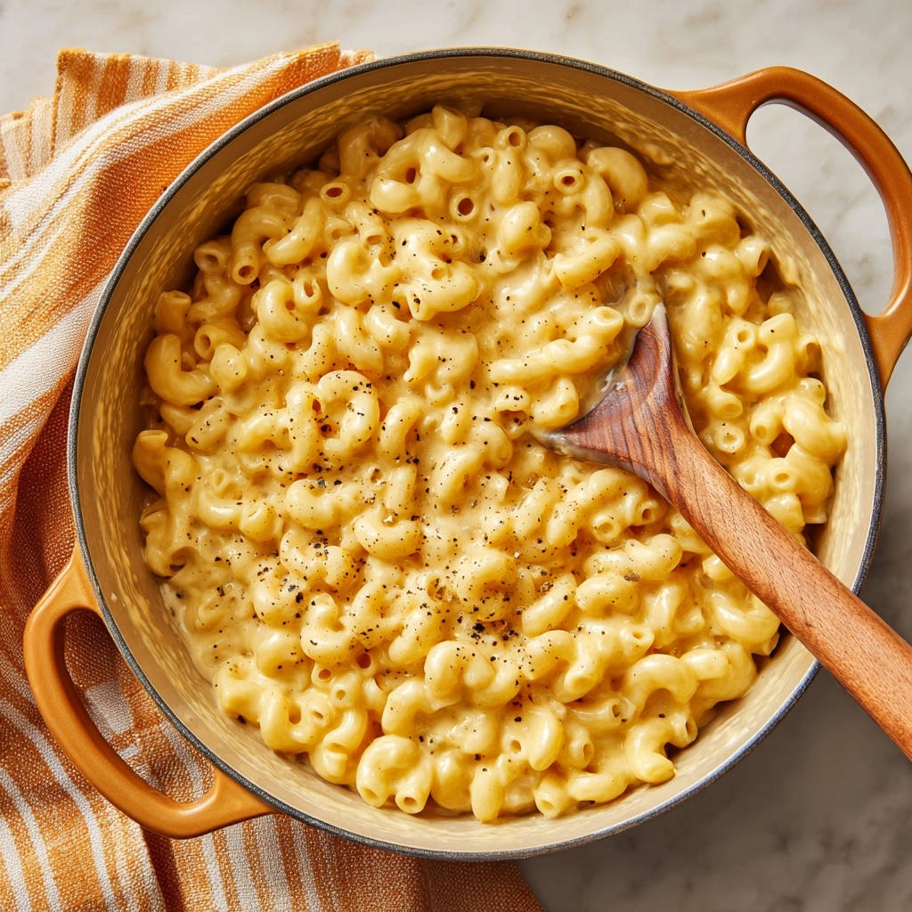 Mac & Cheese aus dem Topf, eine hölzerne Kelle schöpft die cremige Käsesauce.