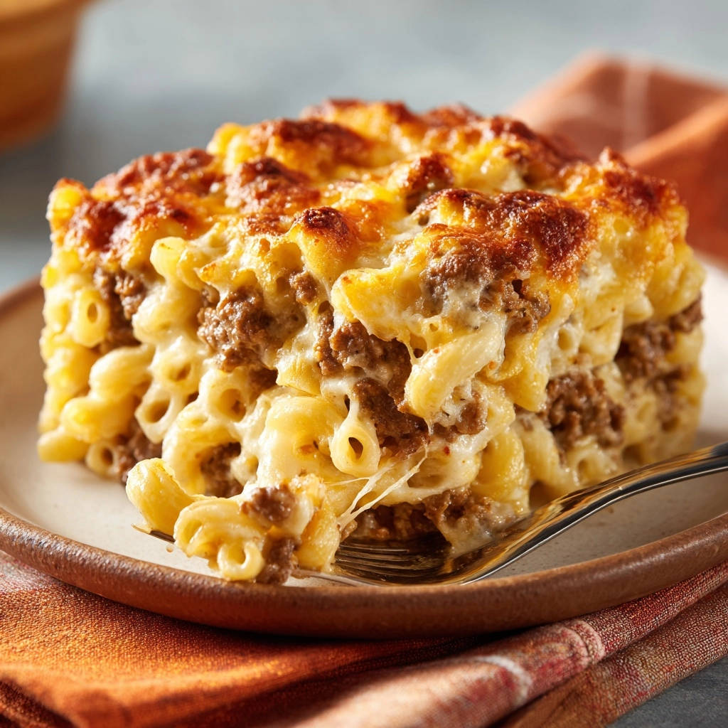 Mac ’n’ Meat Auflauf Deluxe als Nahaufnahme eines angeschnittenen Stücks auf einem Teller, mit geschmolzenem Käse und Nudeln.
