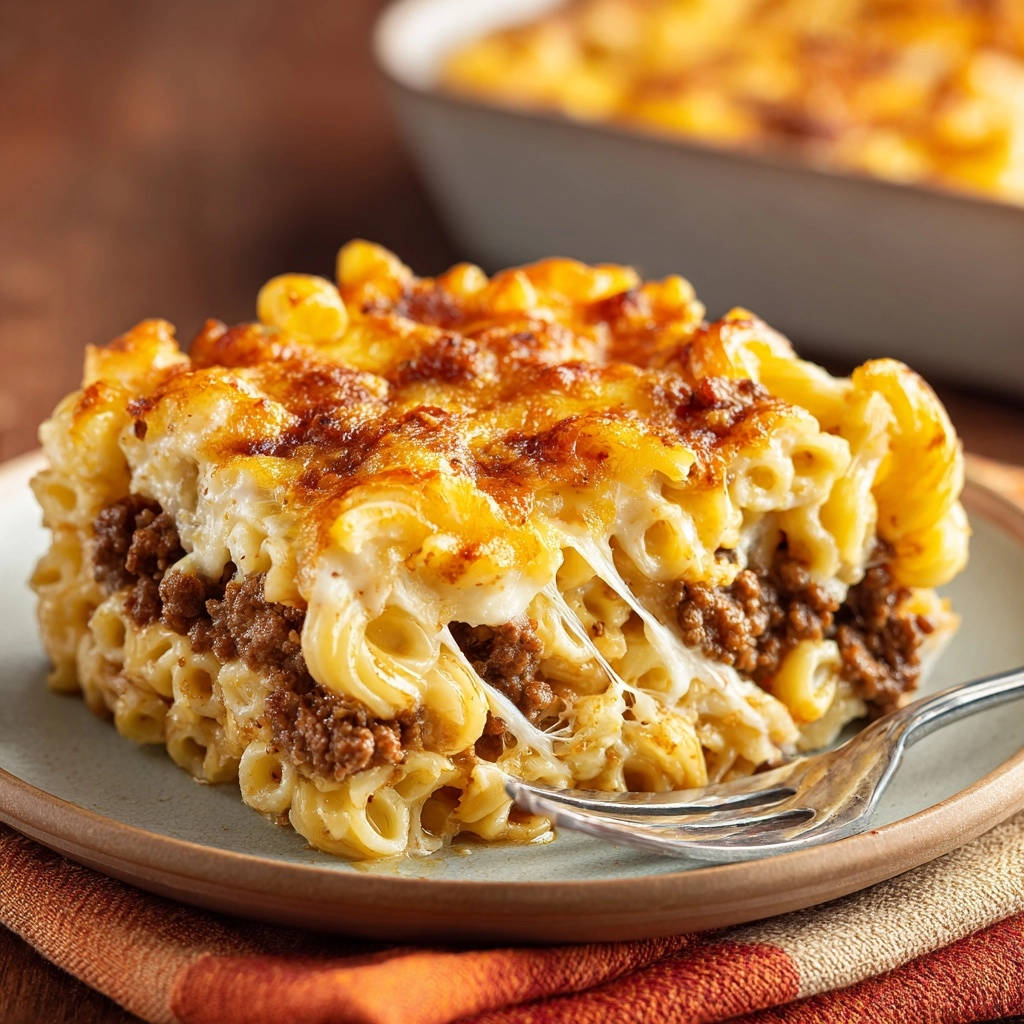 Mac ’n’ Meat Auflauf Deluxe als Nahaufnahme eines angeschnittenen Stücks mit geschmolzenem Käse