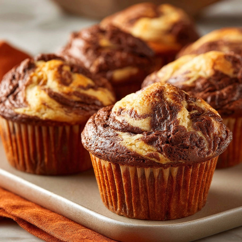 Saftige Marmor-Muffins mit Schokoladenwirbeln, detailnah aufgenommen auf einer Servierplatte mit Stoffserviette.