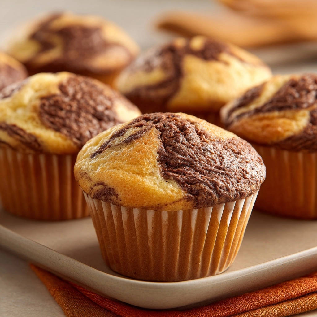 Saftige Marmor-Muffins, eine Nahaufnahme des einzelnen Muffins in der Mitte mit detailreicher Marmorierung des Teigs.