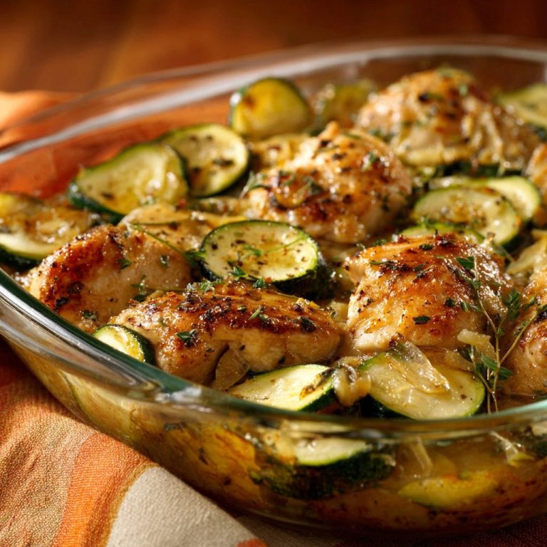 Mediterranes Ofenhähnchen mit Zucchini, ein goldbraun gebackenes Gericht in einer Glasauflaufform, nah aufgenommen.