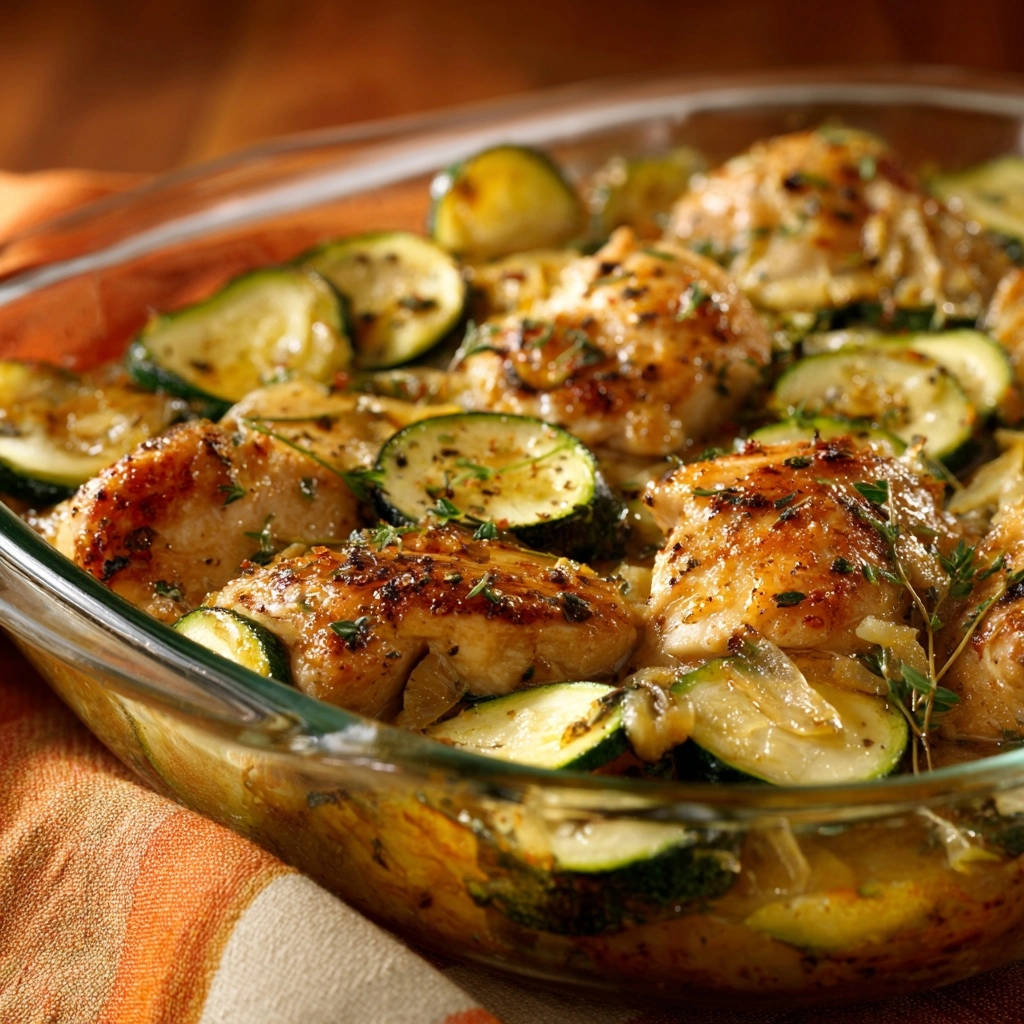 Mediterranes Ofenhähnchen mit Zucchini, ein goldbraun gebackenes Gericht in einer Glasauflaufform, nah aufgenommen.