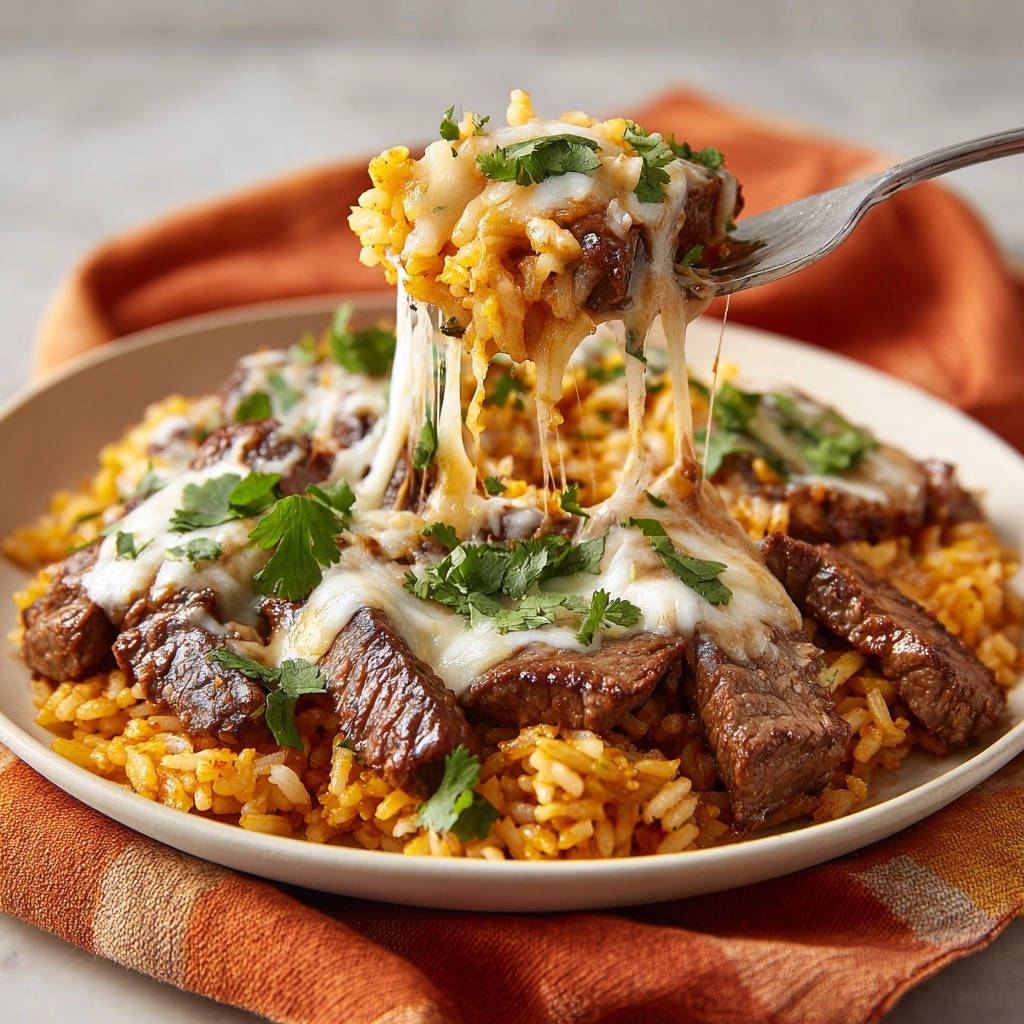 Mexikanische Steak-Reis-Pfanne mit zartem Steak, fluffigem Reis und geschmolzenem Käse, garniert mit Koriander.