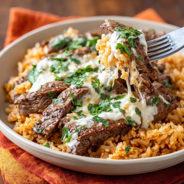 Mexikanische Steak-Reis-Pfanne mit zartem Steak und geschmolzenem Käse, auf einer Gabel serviert mit frischer Petersilie.