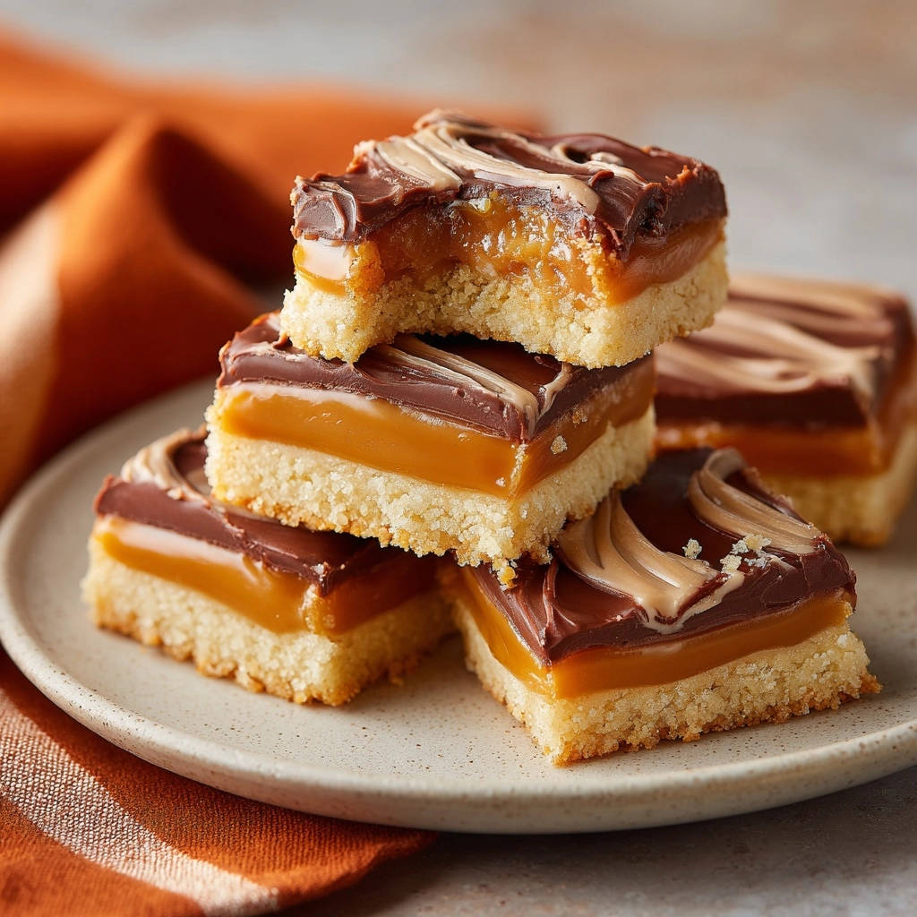 Millionaires Shortbread: Karamell-Schoko-Schnitten mit angeschnittenem Querschnitt, der die Schichten zeigt