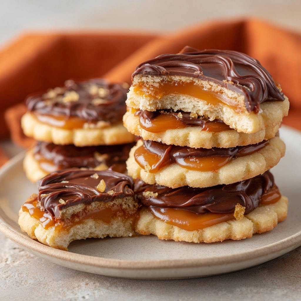 Millionaires Shortbread: Karamell-Schoko-Schnitten angeschnitten und gestapelt auf einem Teller, mit sichtbarem Schichtaufbau.