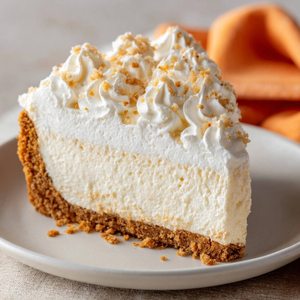 Cremiger No-Bake Käsekuchen als angeschnittene Portion auf einem Teller mit Sahnetupfern und Krümeln garniert.